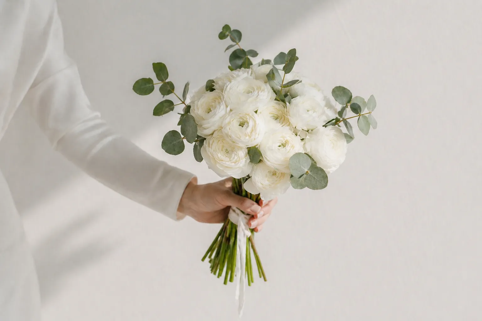 Классический круглый букет невесты из белых пионов и роз с эвкалиптом