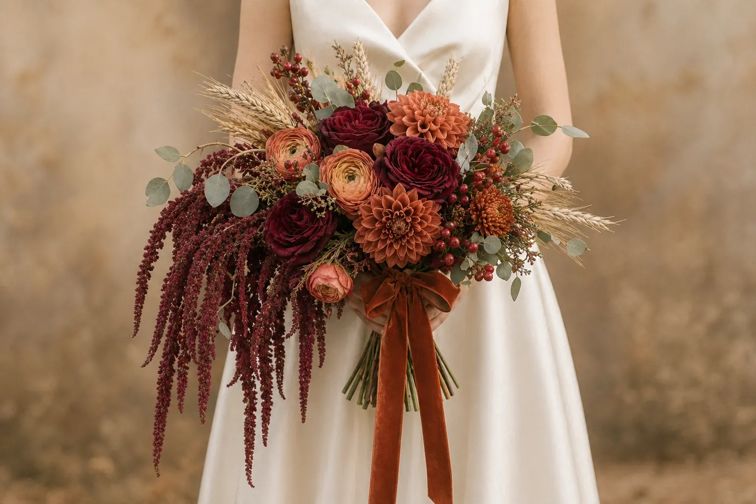 Осенний букет невесты с георгинами, бордовыми розами и амарантом