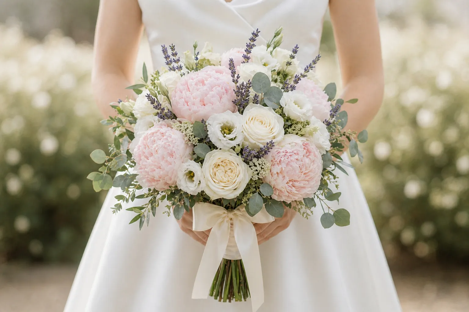Летний букет невесты из садовых пионов, роз и лаванды