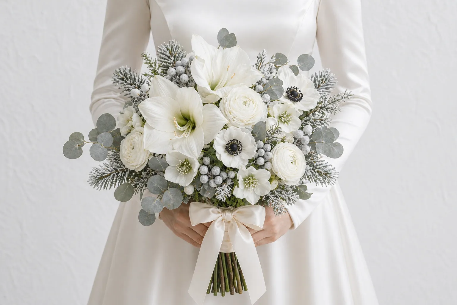 Зимний букет невесты из белых амариллисов, анемонов и хвои