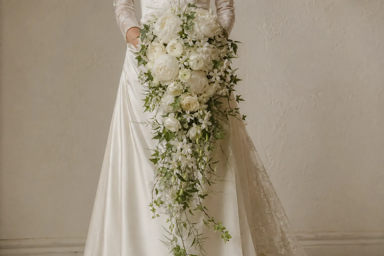 Каскадный букет невесты из белых пионов и стелющегося плюща