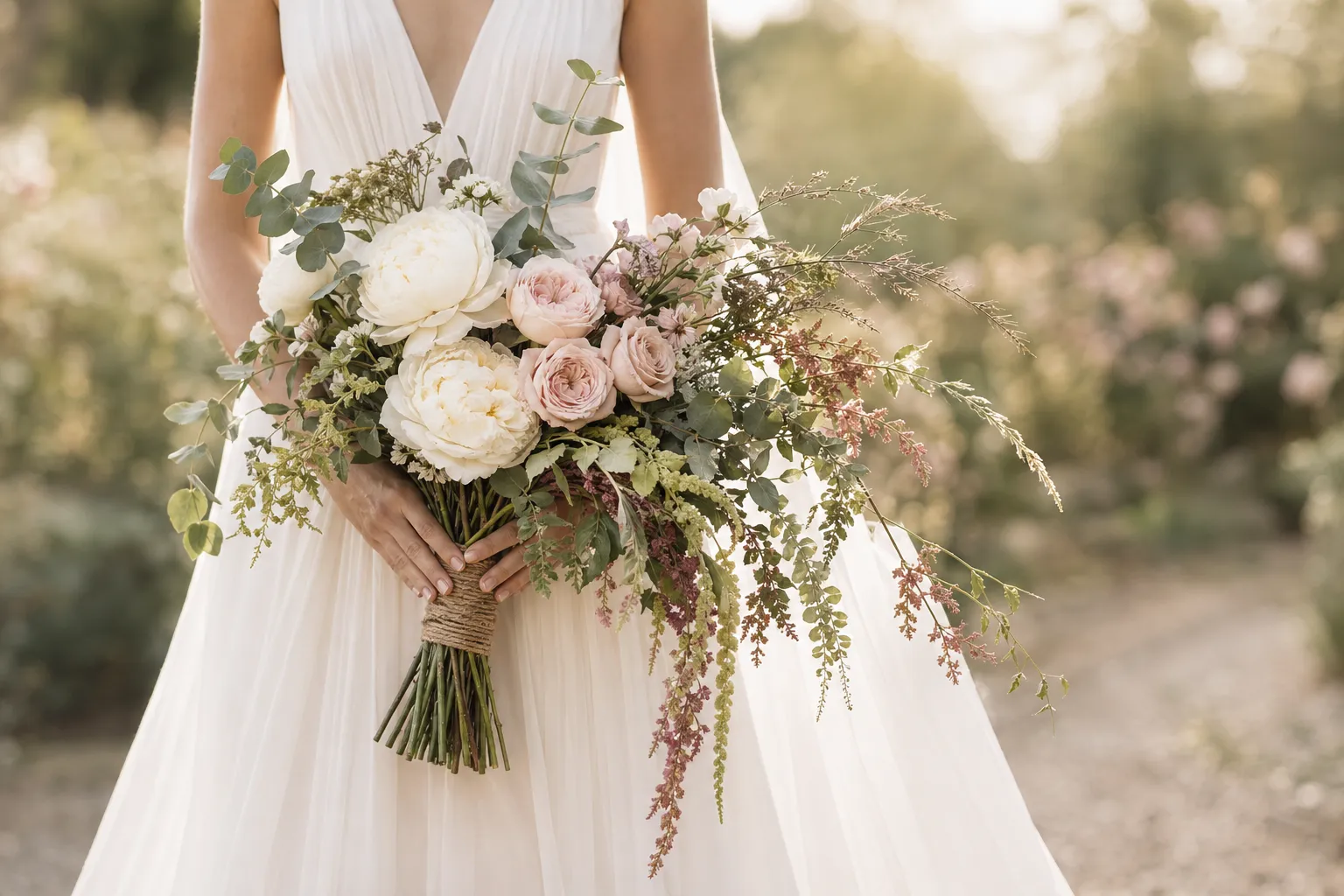 Необычный асимметричный букет невесты со стелющимися элементами