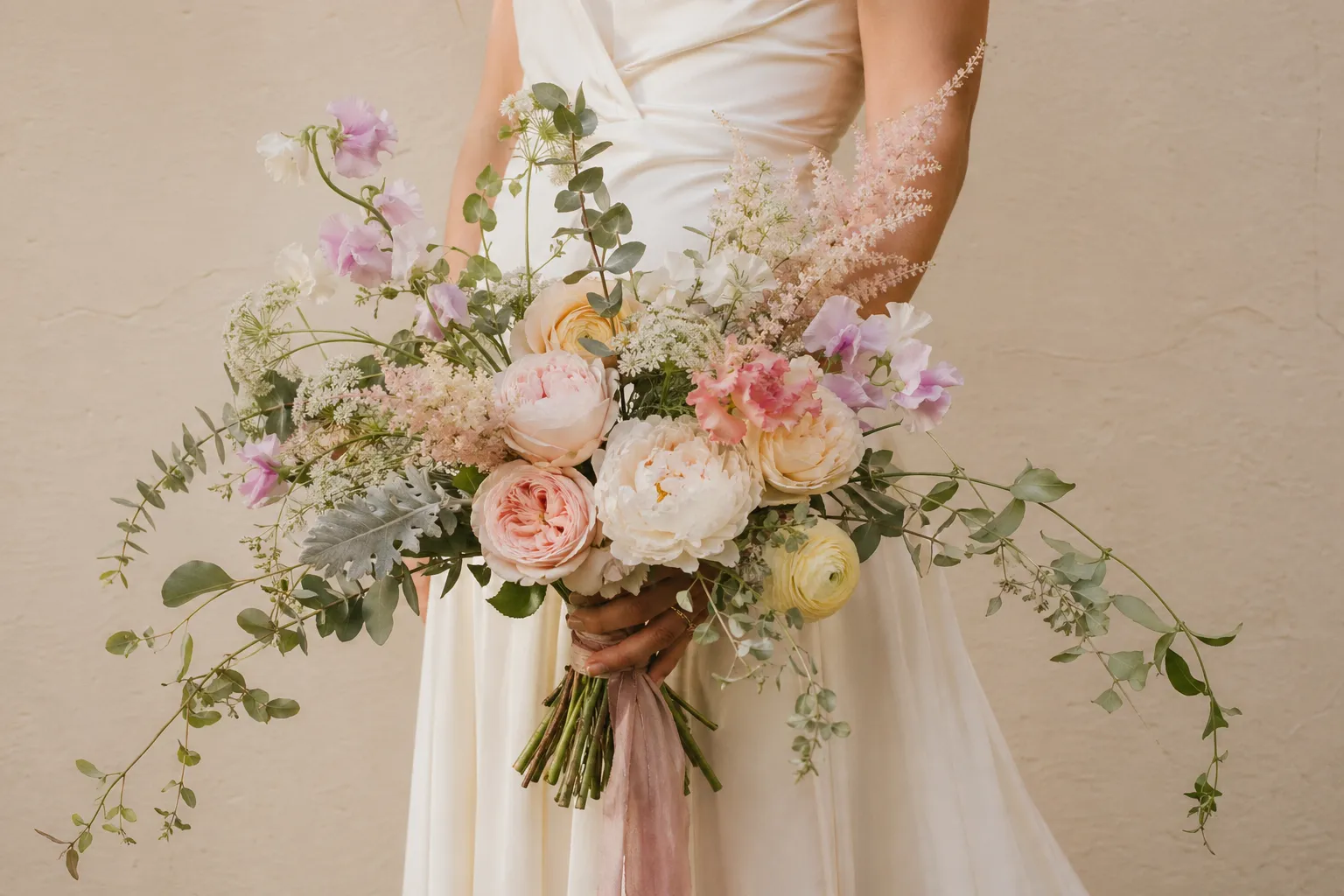 Нежный садовый букет невесты ручной сборки в пастельных тонах