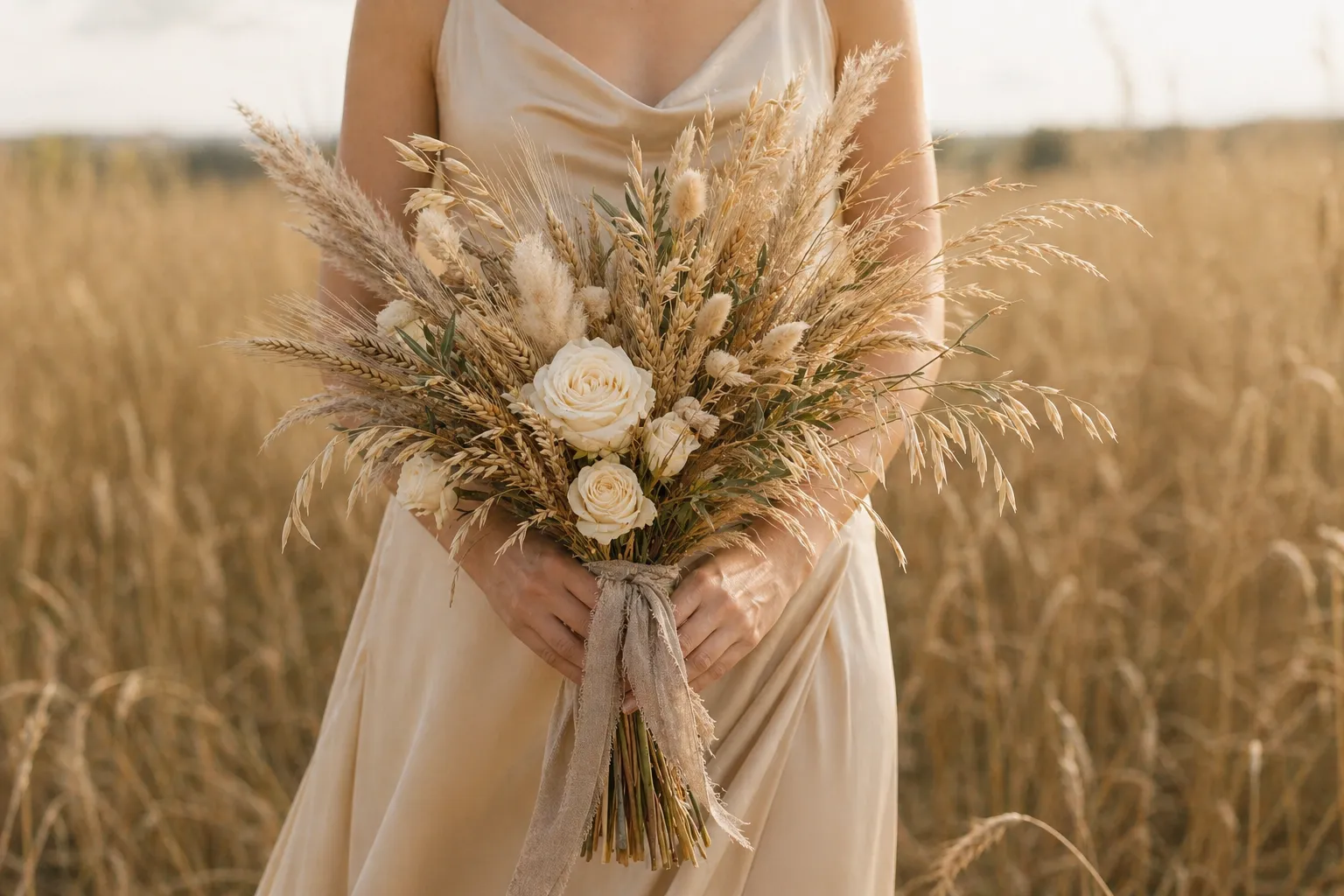 Полевой букет невесты в стиле бохо из злаков, лаванды и сухоцветов