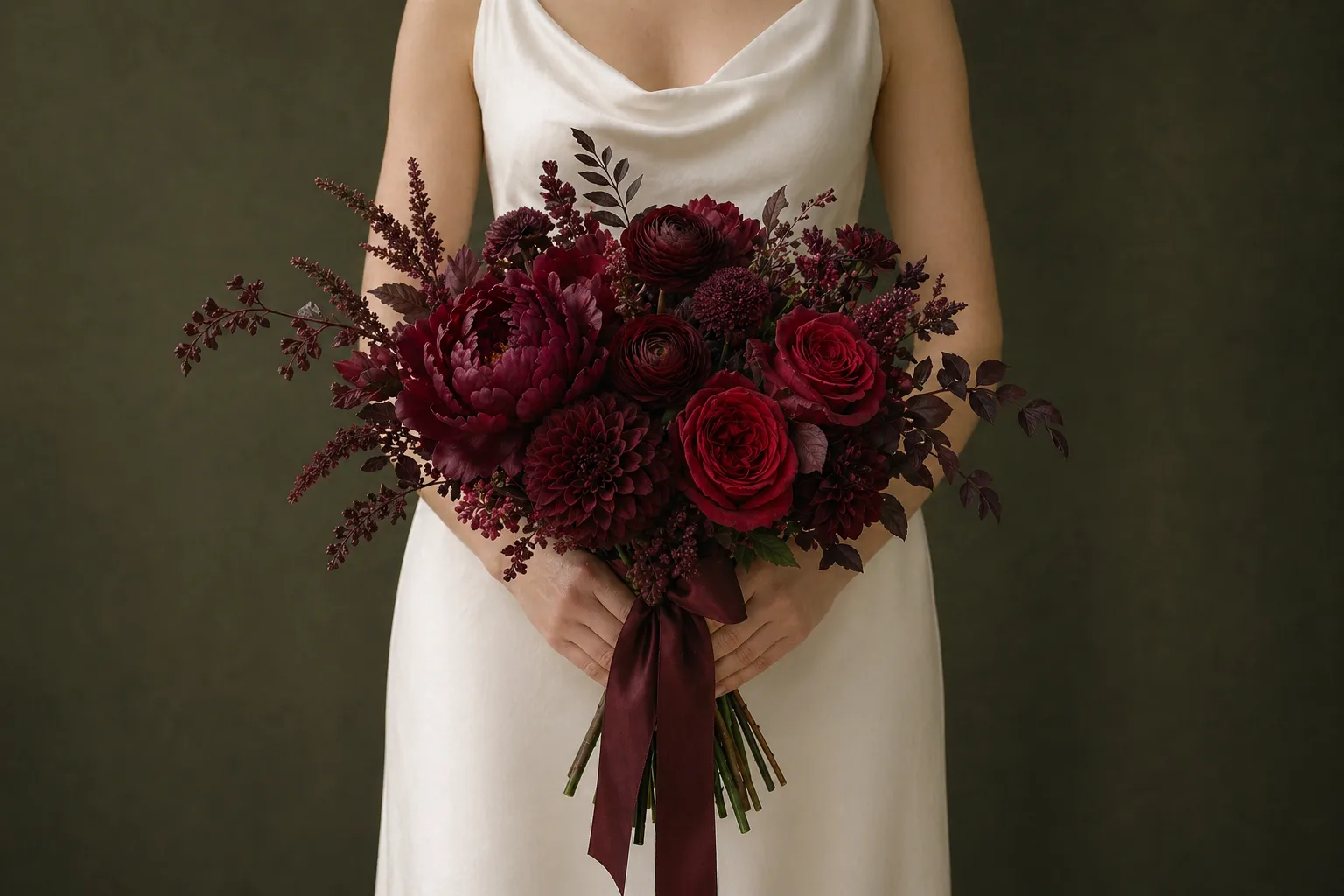 Бордовый букет невесты в монохромной палитре