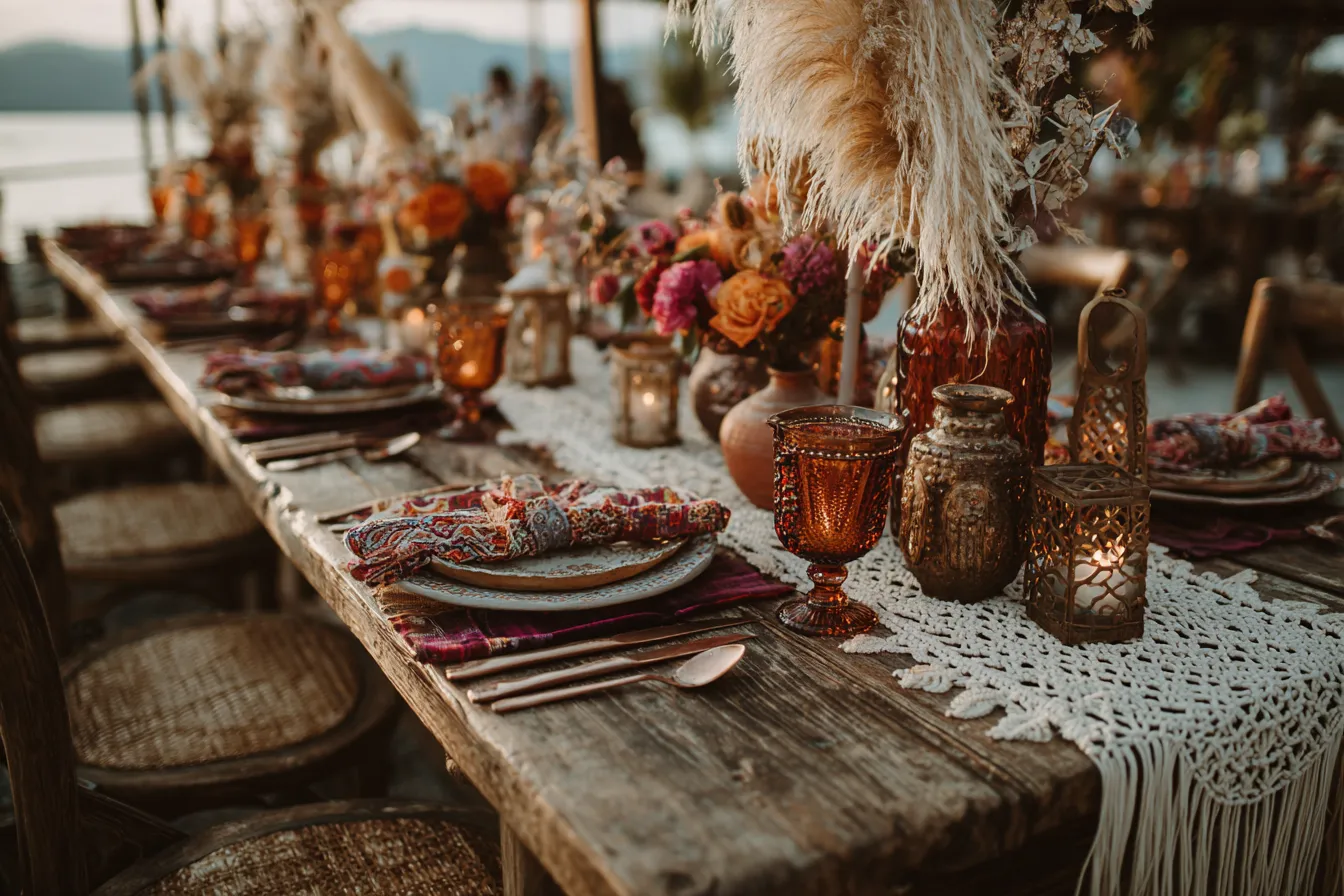 Бохо-свадьба с макраме, коврами и этническими мотивами на природе