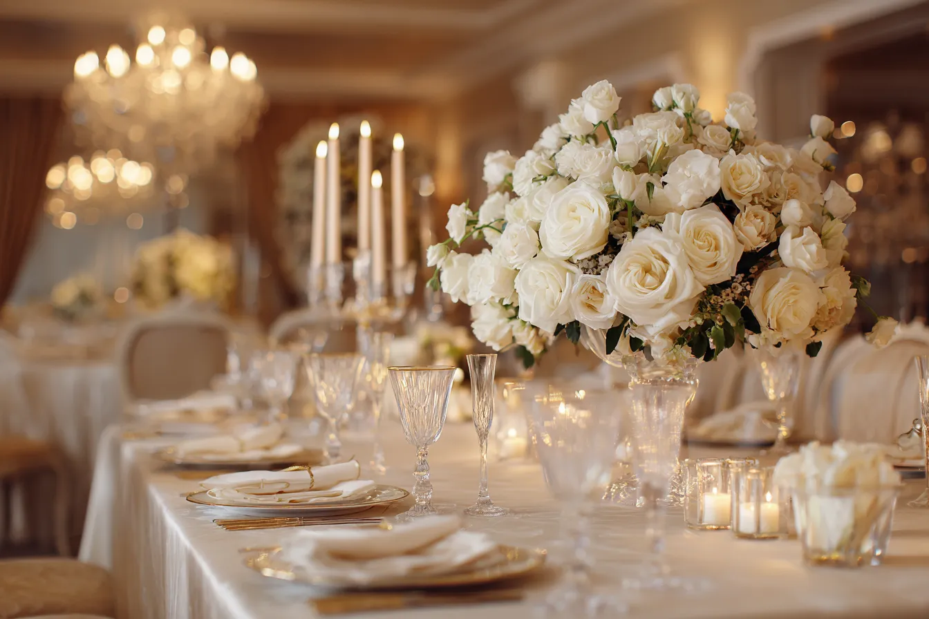 Классическая свадьба - элегантная сервировка с белыми розами и свечами