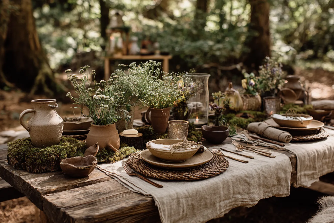 Эко-свадьба на природе с живыми растениями в горшках и натуральным декором