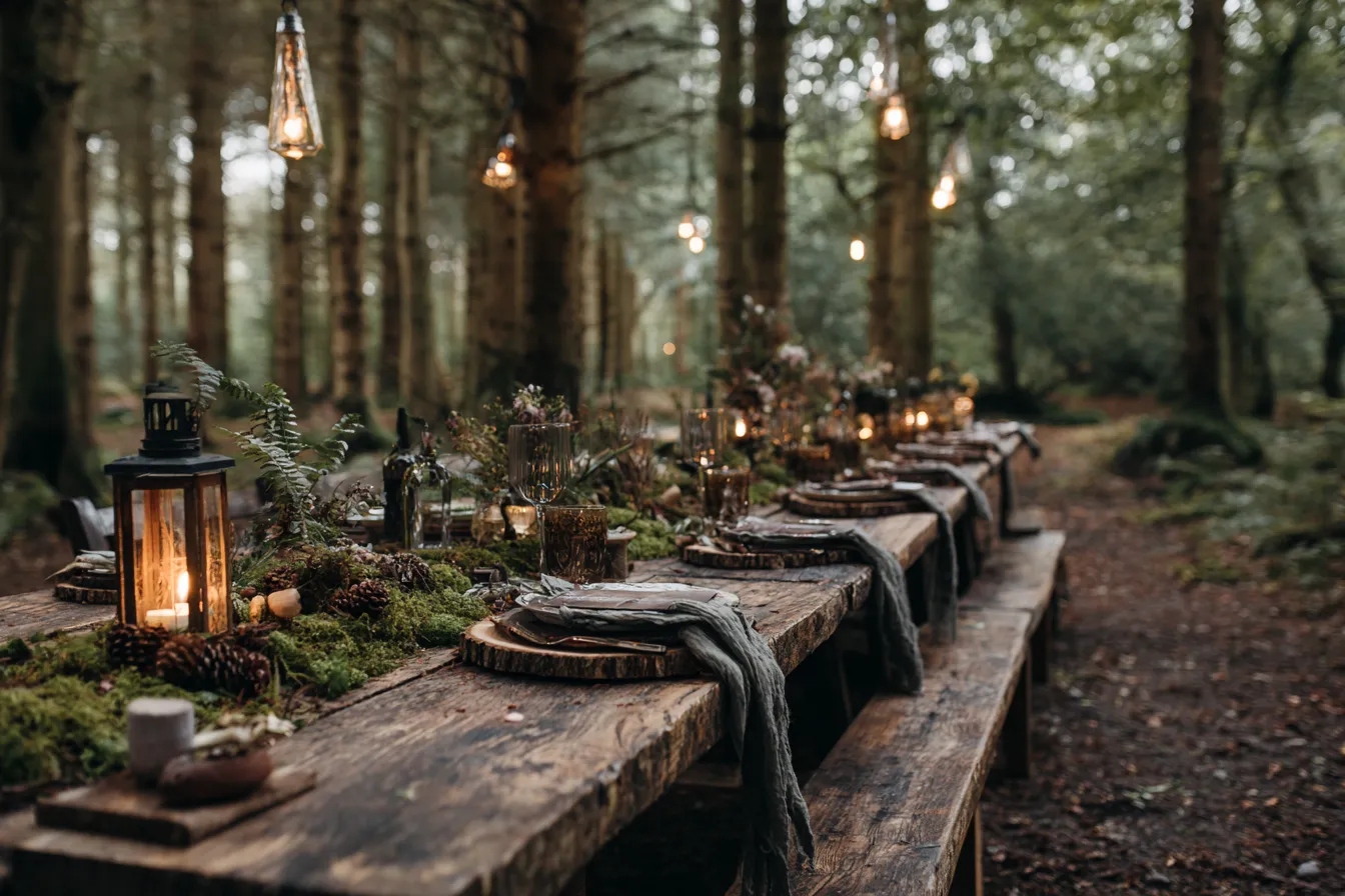 Лесная свадьба woodland с гирляндами и природным декором